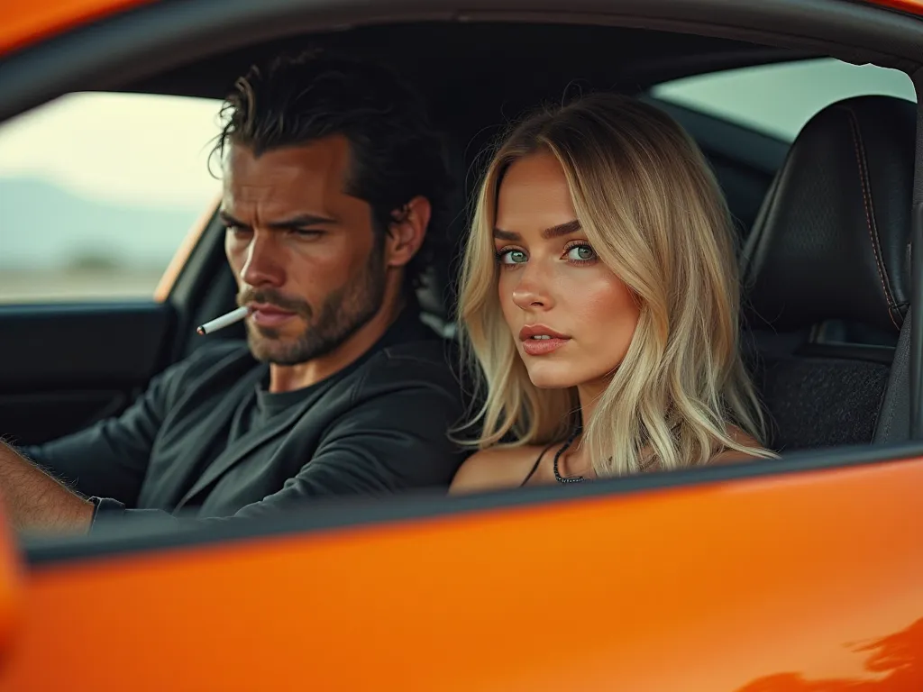 Brunette, menacing, handsome, punk-type American man with fade-cut black hair. Beautiful Ukrainian woman with ash blonde hair and pale green eyes. The man has a cigarette in his mouth, the woman sits on his knees in the orange Bugatti Veyron, they drive to...