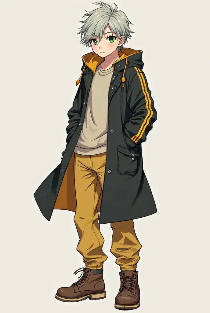 Create an anime-like Seinen image of a young man with a thin, tall body with gray-blond hair and disheveled green eyes, wearing a black coat with yellow stripes and yellow pants with brown boots, and writes Matho on top 