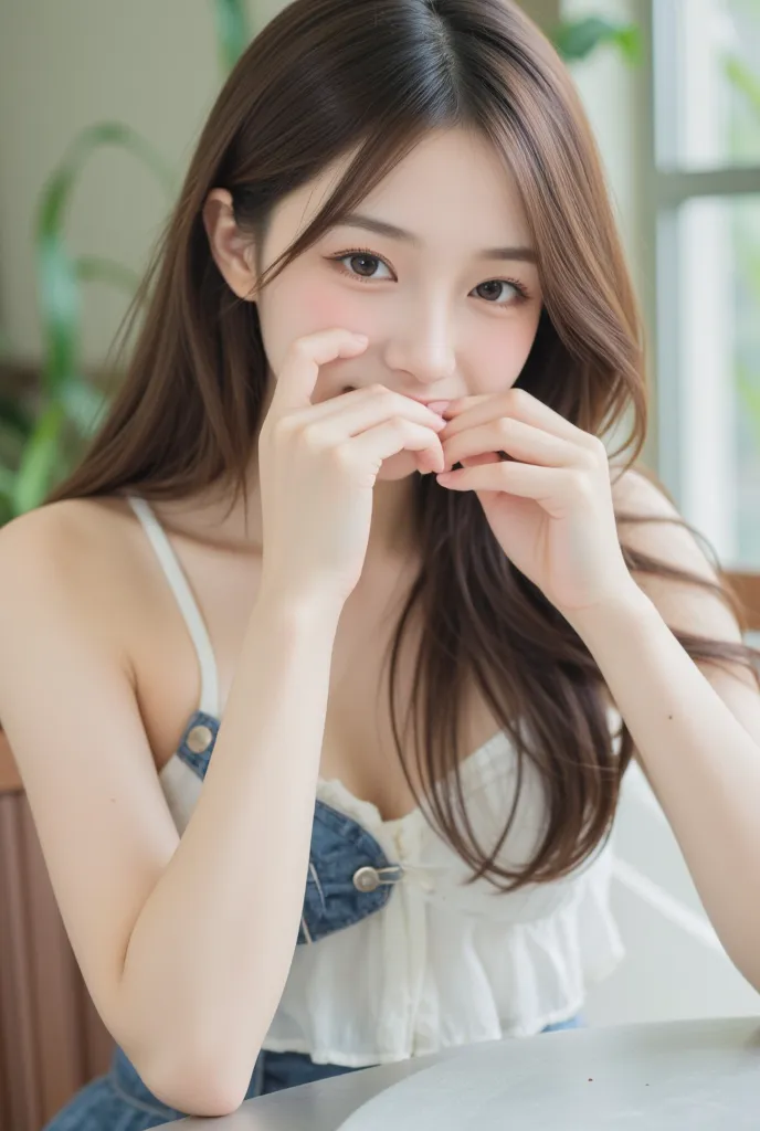  woman、、 Normal face 、 dress、 beautiful big breasts、Please cover your nose and mouth completely with both hands、The back of your hand is in front 、  bright、outside、natural focus
、  How to hide your nose and mouth with both hands、 Cafe、is sitting、  charming...