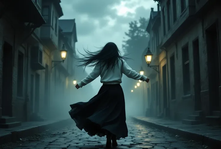 {{A ((surreal and haunting)) depiction of {an 18-year-old girl walking through an abandoned street, battling an overwhelming gust of wind, her long black hair thrashing violently in all directions, wearing a white sweater and a long black skirt}}} with {((...