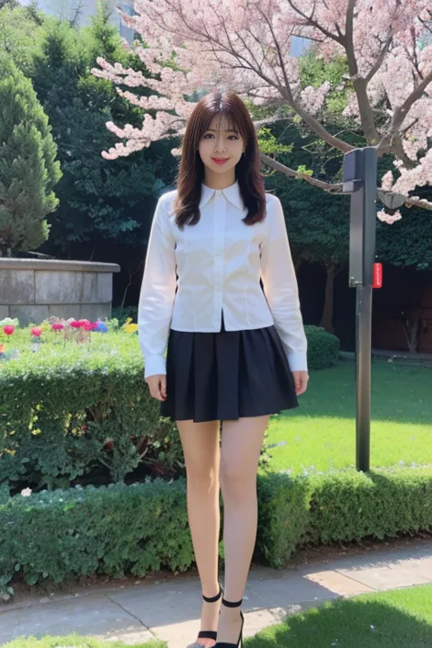 You are a professional photographer! Take a photo of a sexy Asian beauty nun with beautiful big eyes Smile Low neck Chubby Chest Leg Skirt Secretary High Heels Full Body Standing