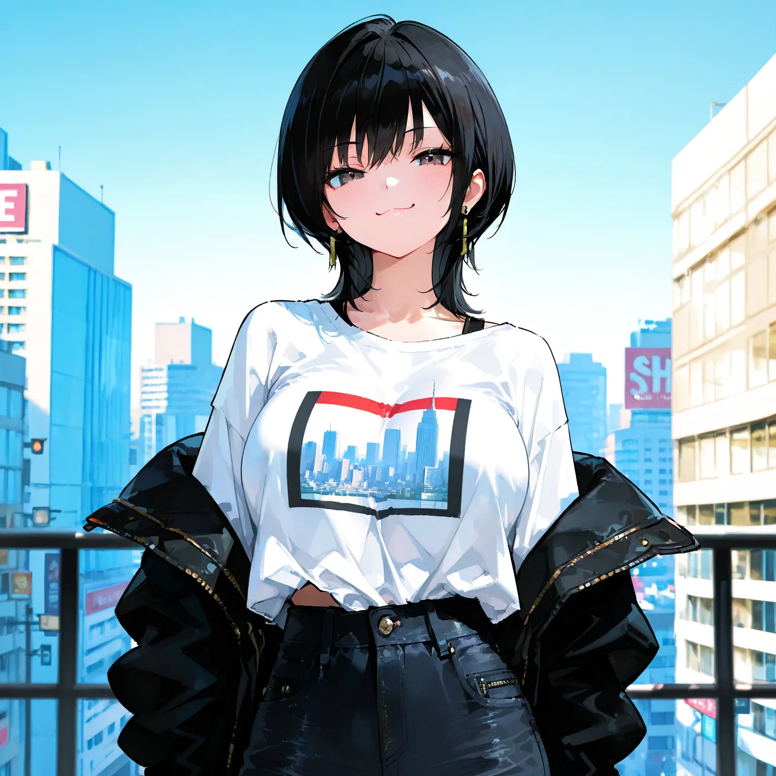 1 girl. An illustration of a girl with wolf cut hair.  and she's wearing a white shirt and black jacket。.  she is posing for a photo shoot .   Sensitive ,  upper body, viewers,   black hair, wolf cut, big breasts, Chest, earrings, off shoulder shirt,  shir...