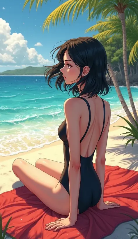 On the beach, a thoughtful young woman with black wavy hair is sitting on a blanket, red eyes and pale skin, in a black swimsuit, digital painting, anime 