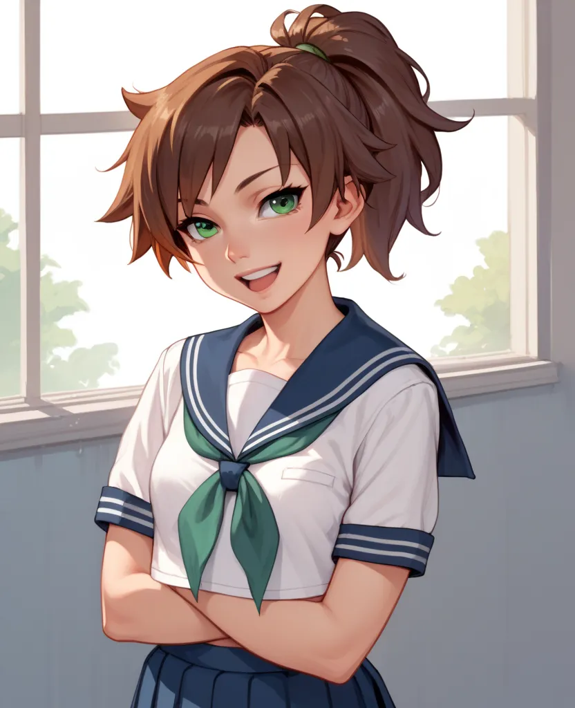 young mature beautiful,cool,tomboy,japaneselady,brown ponytail hair,green eyes,tsurime,Small breasts,Wearing sailor School uniform,1960s,derisive laugh,Standing with arms folded behind her