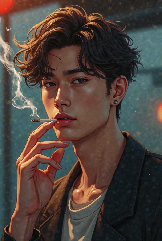 Handsome guy who smokes　Brown hair perm 　anime style　