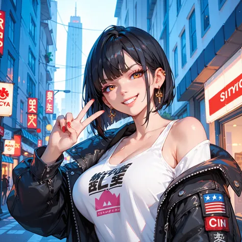 1 girl. An illustration of a girl with wolf cut hair.  and she's wearing a white shirt and black jacket。.  she is posing for a photo shoot .   Sensitive ,  upper body, viewers,   black hair, wolf cut, big breasts, Chest, earrings, off shoulder shirt,  shir...