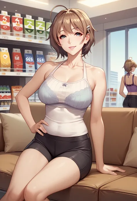 yoshizawakana, Alone, sees viewer, smile  , (Store bryster:1.4),  shirt , Bare shoulders,  brown-haired girl , underwear,  collarbone ,  cowboy shooting , ahoge, Shorts,  halter dress, Bra ,  hand on hip , short Shorts, black Shorts,  tank top ,  Bra hitam...