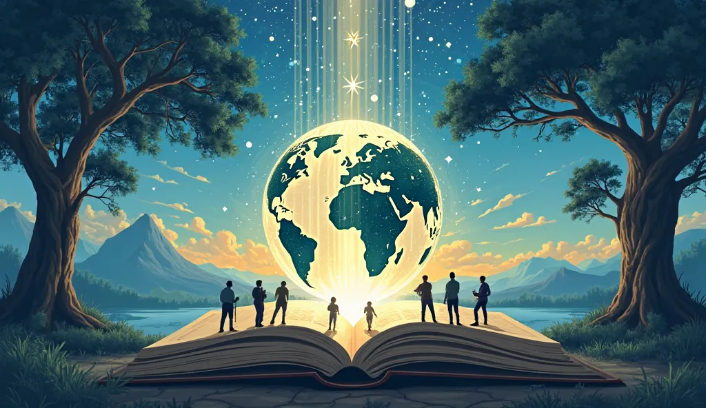 Illustrate an open book or a glowing globe with light rays emerging from it, symbolizing the endless mysteries and discoveries yet to be made about the world. Around the globe, show silhouettes of people or explorers looking up, suggesting that the journey...