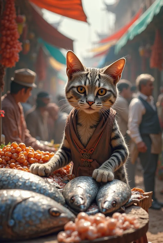 A cat buying fish in market