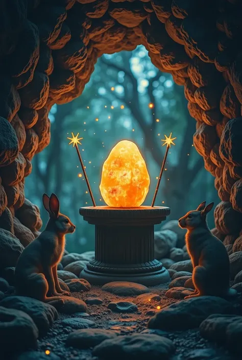 "A magical glowing stone rests on a pedestal in a cave surrounded by shimmering lights. The figure of the Guardian is ethereal and glowing, while the animals—rabbit, squirrel, owl, and fox—are eagerly listening to the riddle. The walls of the cave shimmer ...