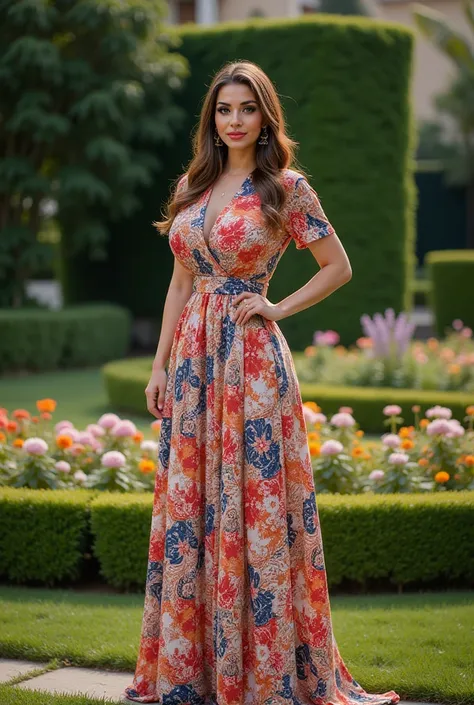 araffe turkish woman in SanaSafinaz brand dress , posing for a picture, standing in a garden, business woman, business woman, mehwish hayat
