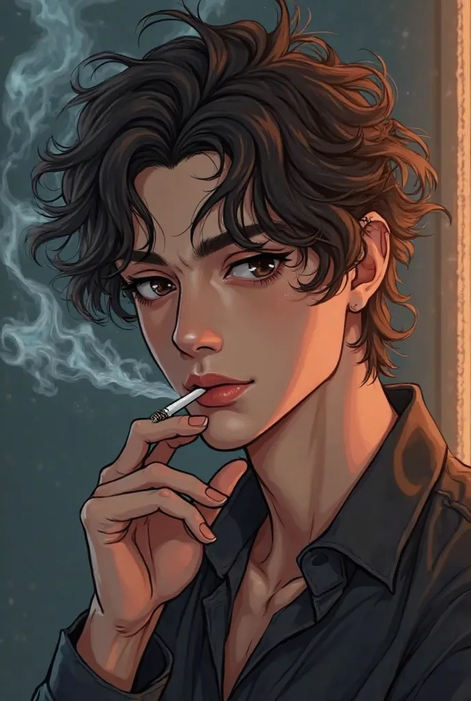 Beautiful young man smoking brown hair perm　anime style　