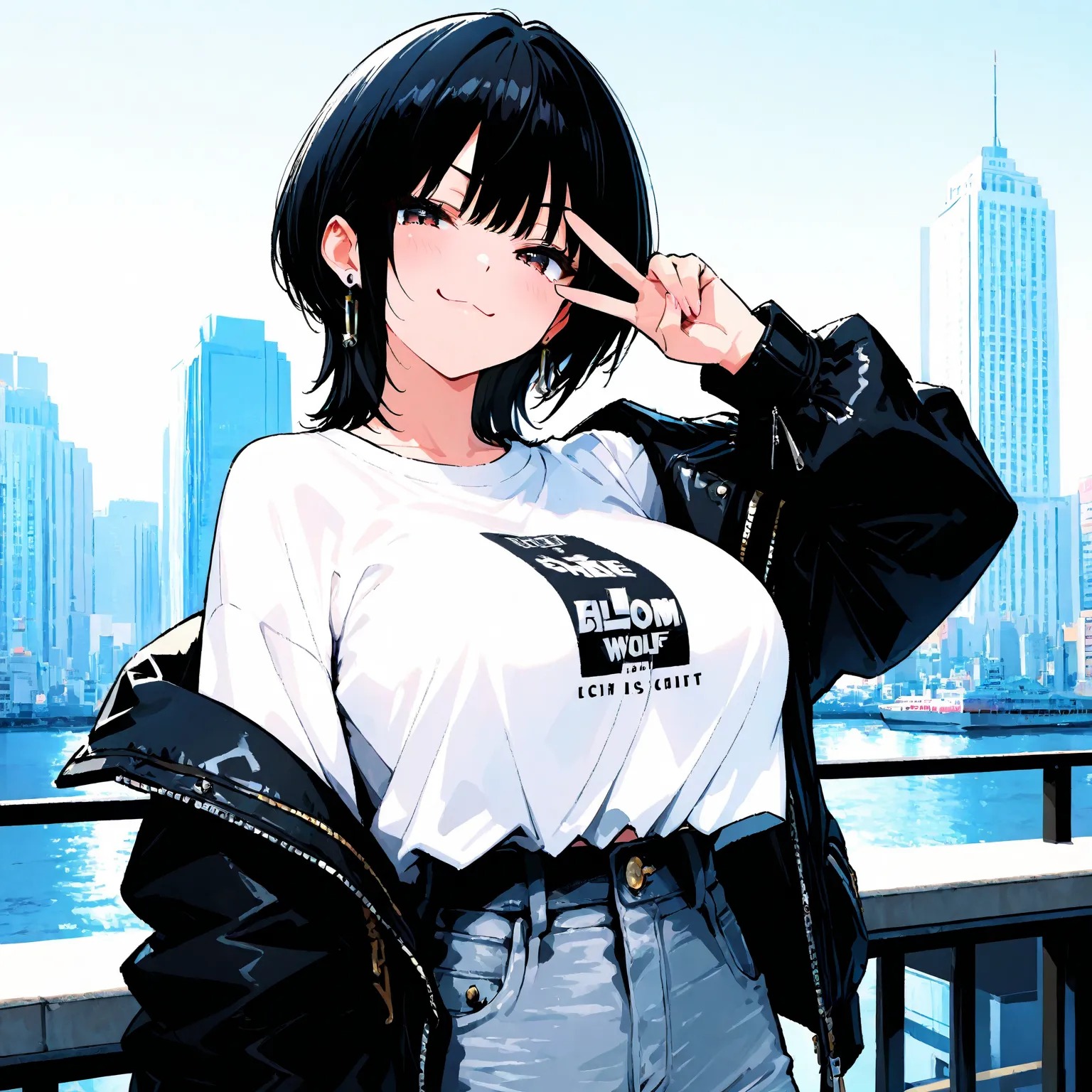 1 girl. An illustration of a girl with wolf cut hair.  and she's wearing a white shirt and black jacket。.  she is posing for a photo shoot .   Sensitive ,  upper body, viewers,   black hair, wolf cut, big breasts, Chest, earrings, off shoulder shirt,  shir...