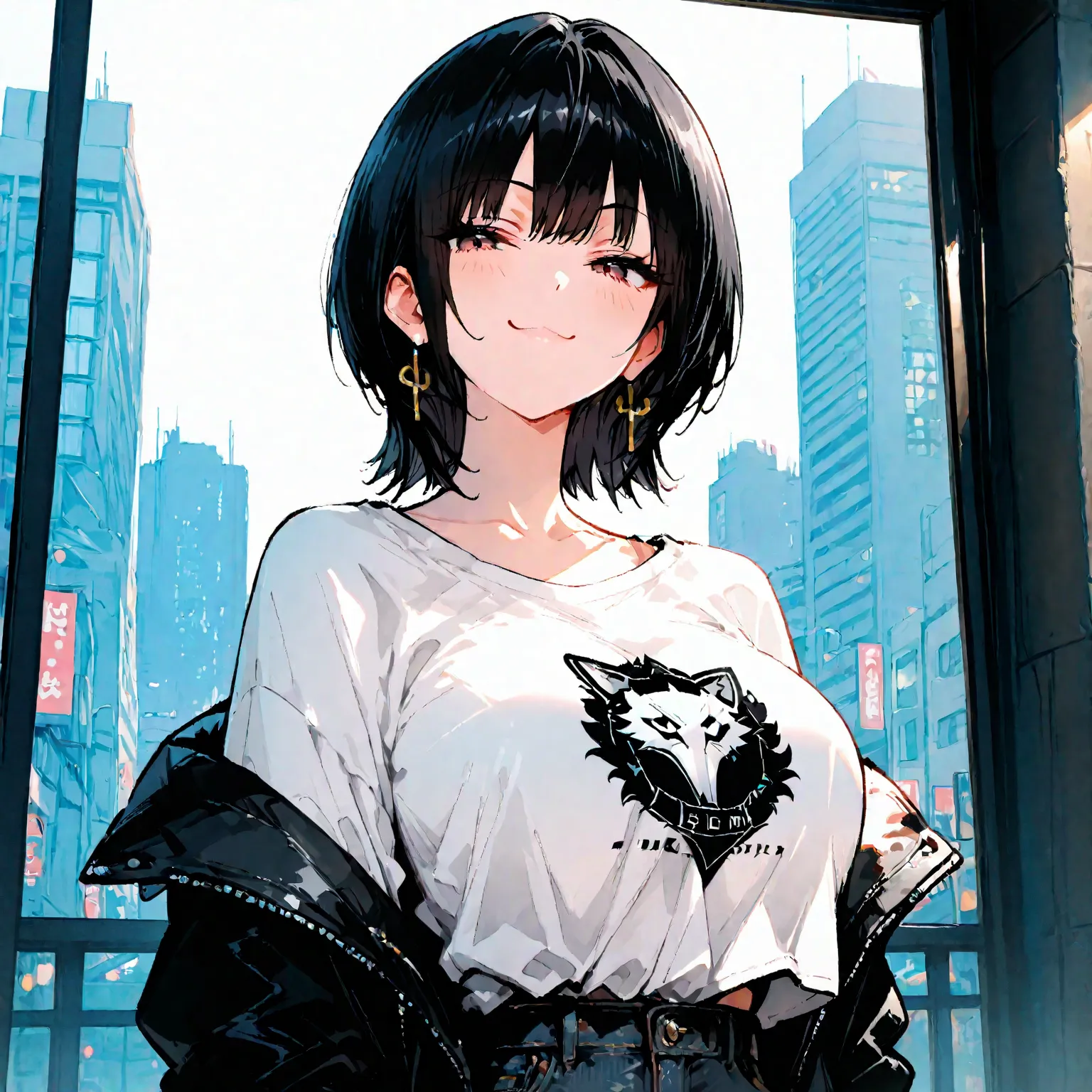 1 girl. An illustration of a girl with wolf cut hair.  and she's wearing a white shirt and black jacket。.  she is posing for a photo shoot .   Sensitive ,  upper body, viewers,   black hair, wolf cut, big breasts, Chest, earrings, off shoulder shirt,  shir...