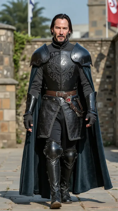 Keanu Reeves reimagined as a knight walking and holding sword、dramatic atmosphere, 1 male、
He has short, dark hair and piercing dark brown eyes beneath furrowed brows.
He wears an elegant, tailored black leather doublet, embroidered with fine silver and d...