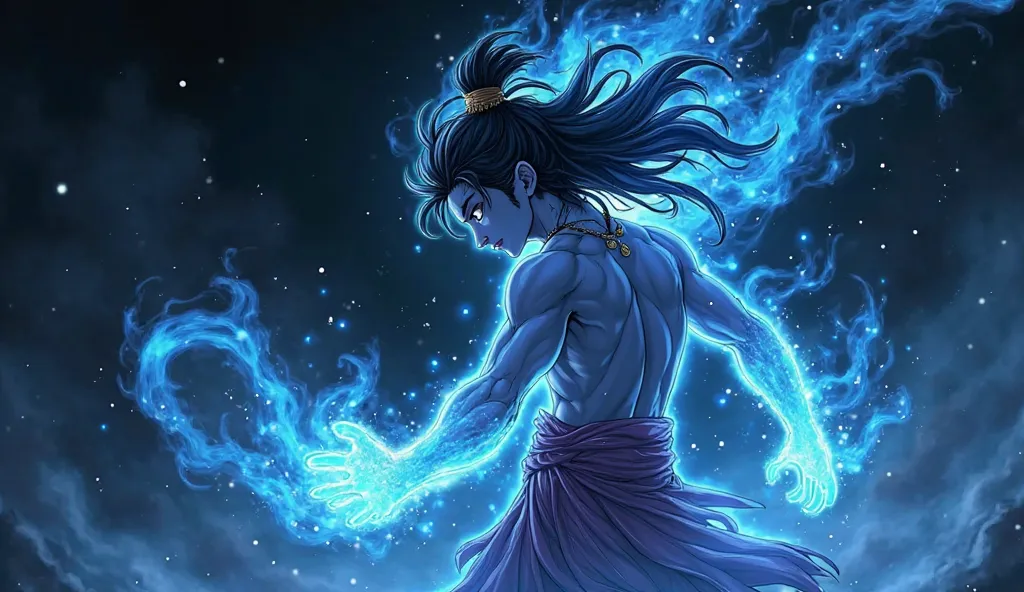 Full ackside shot of a young anime Shiva god of india in the style of Yusuke Murata. He is casting an energy spell, with blue and blue smoke swirling around him. The background is a dark black. --ar 4:3 --style raw --v 6.1, no masculine Body,