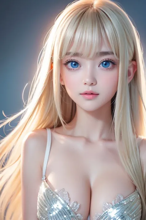 Portrait、High School Girls、Smooth, white, and shiny skin that is young, moisturized、Best Looks、Blonde Reflected Light 、 Platinum Blonde Hair with Dazzling Highlights 、 shiny bright hair 、 Super Long Silky Straight Hair 、輝く美しいbangs、beautiful incredibly brig...