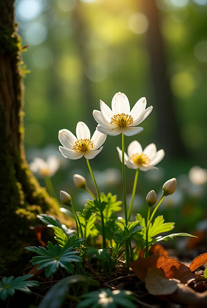 A serene close-up of delicate white wood anemones blooming in a lush springtime forest. Their thin, translucent petals glow in the soft sunlight filtering through the trees, while their vibrant yellow centers contrast beautifully against the green leaves. ...