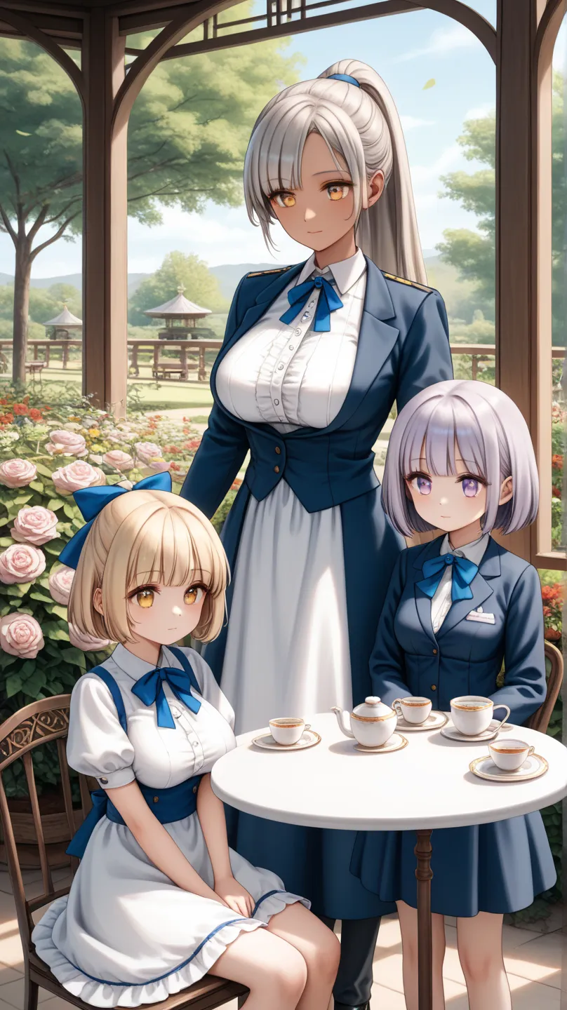 High Resolution, best quality, Rating: General. (2 female:1.5), Young ladyとDeaconess. Tea Ceremony, 1 tea cup,  tea time,  afternoon tea,  Flower Garden ,  white round table, Gazebo. ((Gray Hair, Short Bob Hair,  wide blue string with a ribbon wrapped arou...