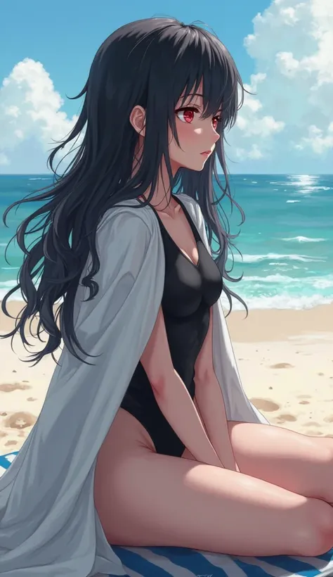 In the shade on the beach, a thoughtful young woman with long black wavy hair is sitting on a blanket and looking into the distance, red eyes and pale skin, in a black swimsuit, which she hides with a white cloak, side view digital painting, anime 