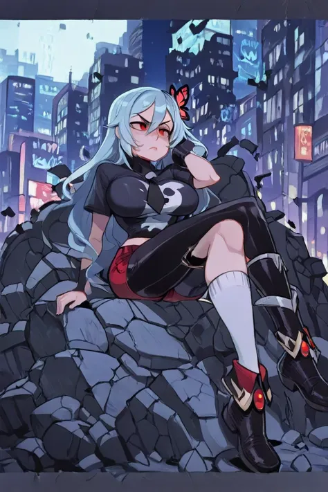 (High quality), (masterpiece), 1 woman,  Whole body, Sitting in rubble, bothers, mouth shut, raising an eyebrow,  Looking Forward, hair between the eyes, big breasts,   slim waist,  light blue hair,  long hair,  red eyes , butterfly hair brooch ,   short t...