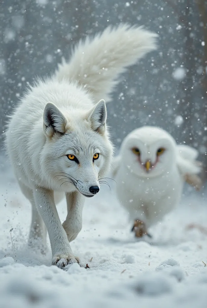 The snow-white fox immediately came running and forced the owl to retreat.