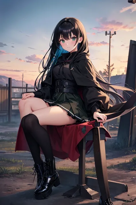 High image quality, high resolution, smooth gradation, vivid colors, a black cloak, a black student uniform, black stockings, black lace-up shoes, black hair, a high school girl, Winter sky, dull green fences, dead trees, dry ground, a girl with disheveled...