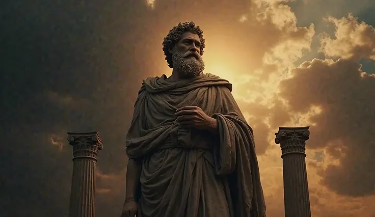 Here’s a highly engaging and visually stunning prompt designed to attract viewers:  

**Prompt:**  
"A breathtaking, cinematic image of Marcus Aurelius, the wise Roman emperor and Stoic philosopher, standing like a grand statue against a dramatic black sky...