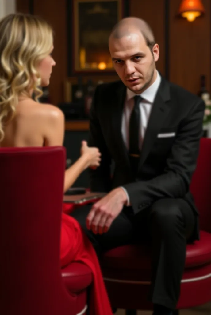 Man is a gentleman in a black suit with handsome fit body, hair bald charismatic, A lady in a red dress is sitting opposite a lady in a red dress having dinner in a stylish upscale restaurant, blonde looking behind the lady