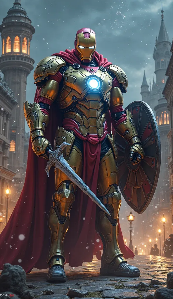 Creates an epic image of a hybrid between Iron Man and a medieval knight. The character must be huge and muscular, with armor that combines futuristic and medieval elements. In his right hand he holds a brilliant sword, that reflects the light of the city,...