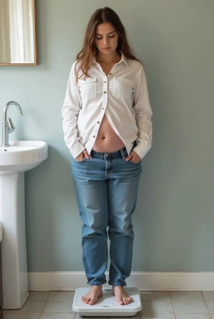 A young woman standing on a scale in a bathroom. The woman is dressed in a white buttoned shirt and blue jeans. She is holding her belly as it bloats outwards, stretching her clothes to the point they don't fit her anymore, as the buttons on her shirt and ...