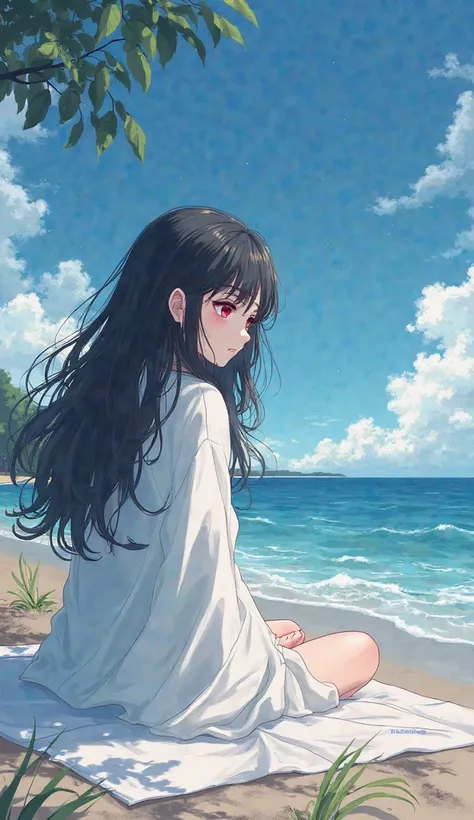 In the shade on the beach, a thoughtful young woman with long black wavy hair is sitting on a blanket looking into the distance of the sea, red eyes and pale skin, hides the body with a white cloak, side view digital painting, anime 