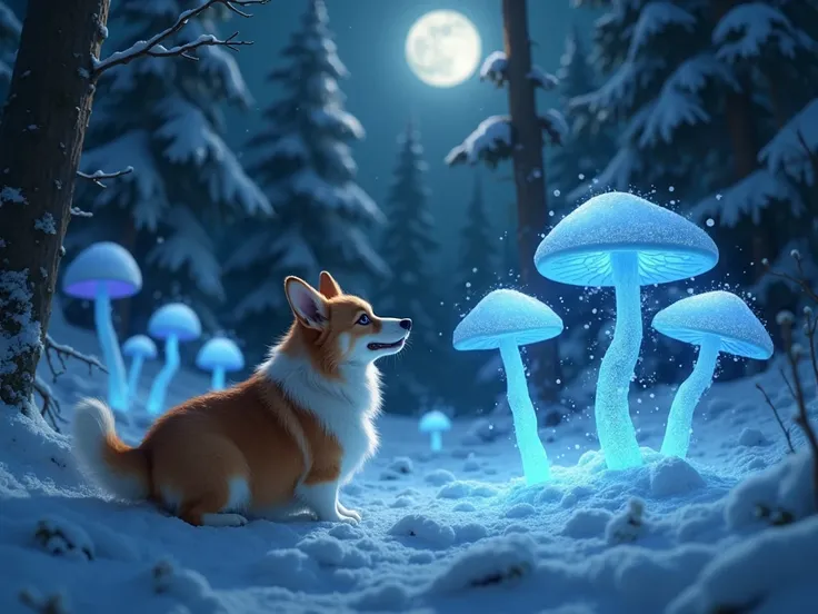 in the depths of a forest covered in snow、mushrooms that glow blue at night emerge。When a corgi gets close、the light of mushrooms slowly soars up and、it disappears into the starry sky。