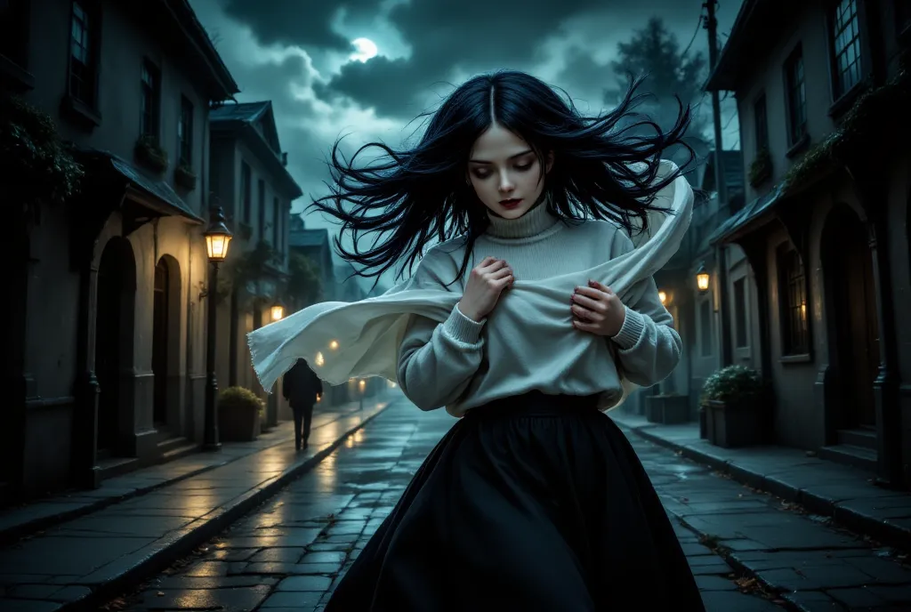 {{A ((surreal and haunting)) depiction of {an 18-year-old girl walking through an abandoned street, battling an overwhelming gust of wind, her long black hair thrashing violently in all directions, wearing a white sweater and a long black skirt}}} with {((...