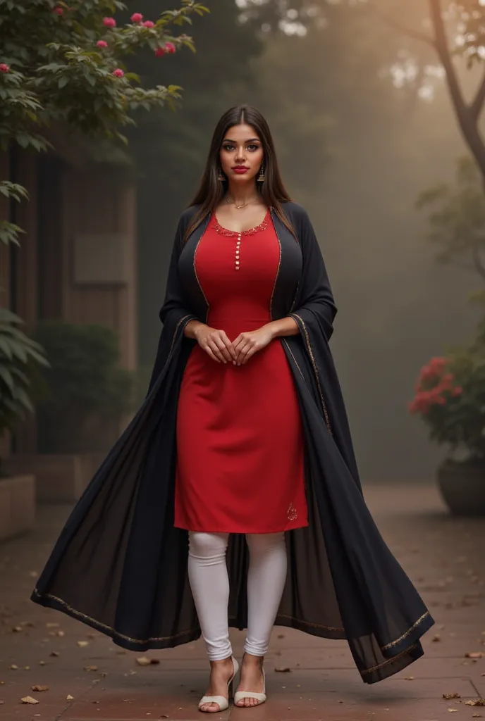 Standing Indian woman, wearing white skin fit leggings and red knee length kurta, black dupatta
