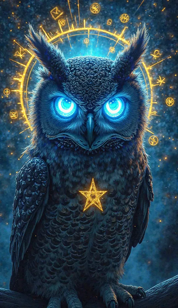 A mystical owl with deep, glowing blue eyes, surrounded by magical golden symbols and energy circles, inspired by Doctor Strange. Its feathers have intricate arcane markings, and its wings are slightly spread, as if casting a spell. The night sky behind it...