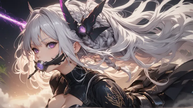 A anime girl with long, one long braid white hair and intense violet eyes, dressed in a dark silver and black suit with sharp, angular armor plating. She stands confidently, her sharp gaze locked on a distant enemy. Behind her, a massive sci-fi space fleet...