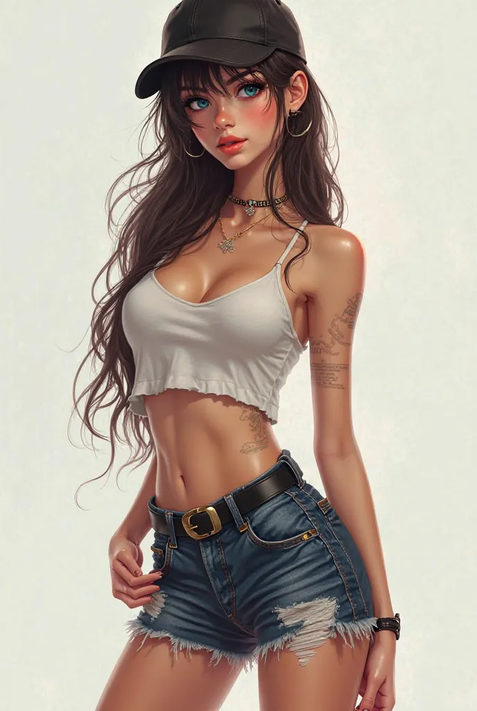 Generate a very beautiful slim girl with big lashes in caps and a short skirt 