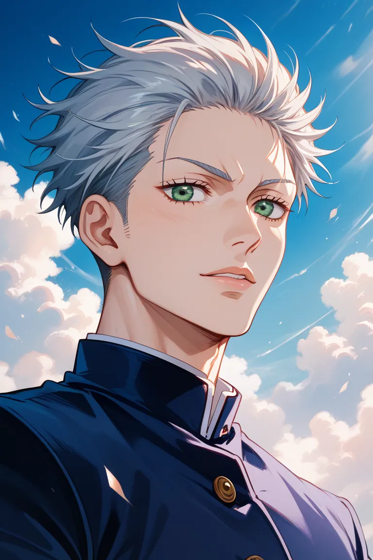 Long, jade-colored eyes with sharp contours that seem to have trapped blue skies､Beautiful young man with transparent white skin and silvery gray hair｡ Jujutsu Kaisen-style painting style
