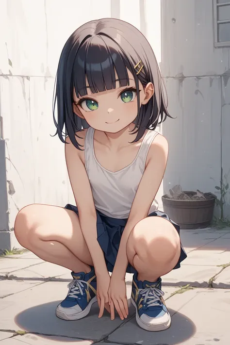 anime style、1 girl,loli,Petite, small tits,standard、Fair skin、smile、white background、masterpiece、Highest quality、
 Gold、white tank top、navy blue mini skirt、Sneakers、half up、medium hair on a bike、blunt bangs,green eye、Droopy eyes、squatting,full body、from ab...