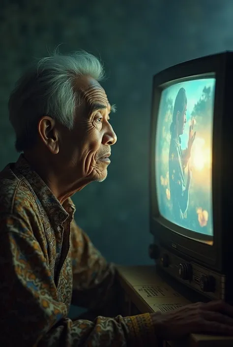 Ultra-realistic Indonesian elder in traditional attire gazing at a blurry TV screen, nostalgic expression, soft cinematic lighting, UHD 592x1024 [9:16]