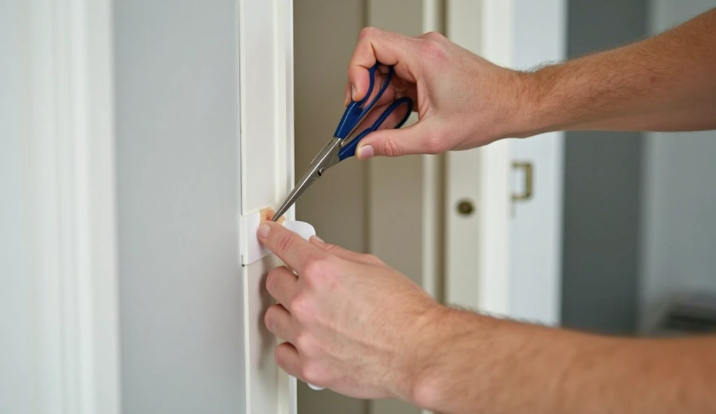 A DIY homeowner installing self-adhesive foam strips on a door frame. The homeowner should be using basic tools (scissors), with a focus on the precision of the strip application. The setting should be a modern living room or entryway to showcase practical...