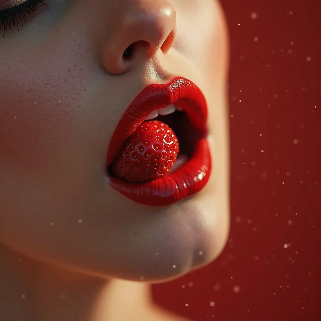 Wide shot of porcelain skin reminiscent ,  and the lips of a stunningly beautiful, seductive woman, lavishly coated in rich red lipstick, delicately licking a juicy red strawberry, sensually bite into a juicy, plump strawberry, capturing a moment of pure i...