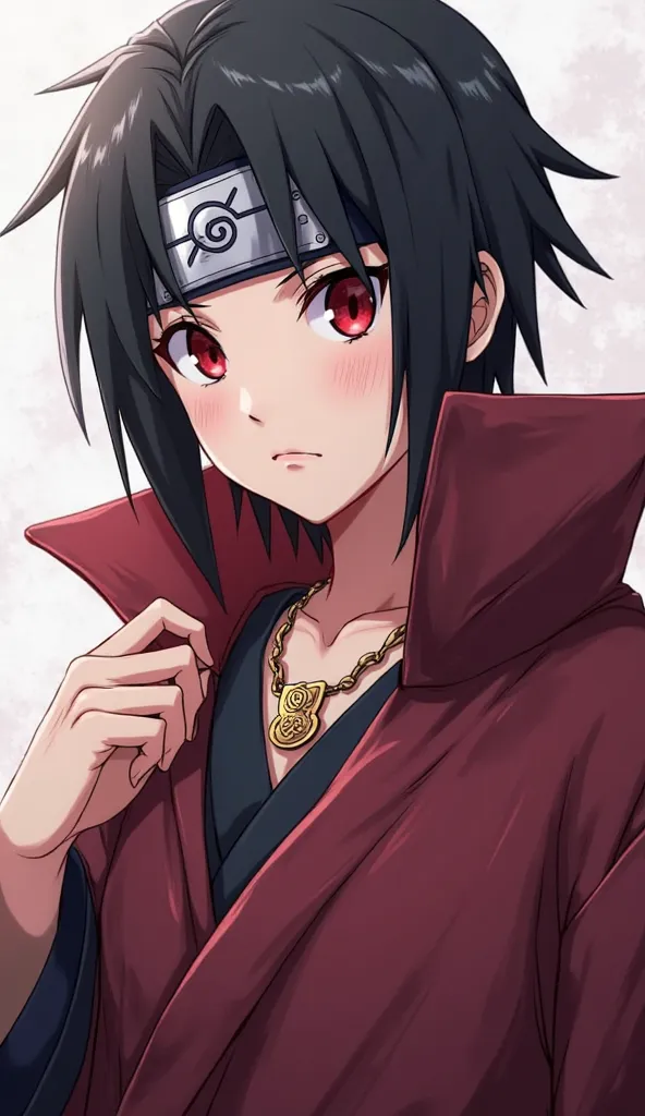 Anime character,Itachi Uchiha (ethnicity:1.0), (age:1.2), (detailed clothing:1.2), (accessories:1.1), (facial features:1.3), (expression:1.2), (body type:1.1), (pose:1.2),  dark hair, red eyes, (detailed skin texture:1.2),  dark red cloak,  forehead protec...