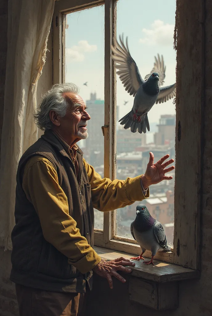 Create a picture in which an elderly man forces a pigeon with his hand to fly away from the sims of his window.