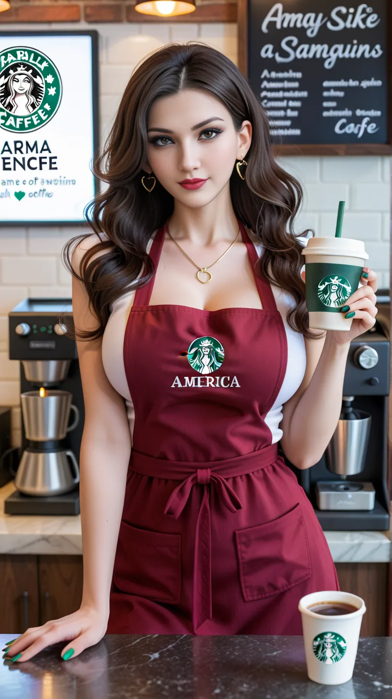 full shoot body (best quality,highres), A beauty in a Starbucks uniform makes coffee, Big breast、just wearing naked apron、full body, naughty seductive pose, vivid colors,portrait,detailed eyes and face,dark hair,beautiful lips,expressive eyes,natural light...