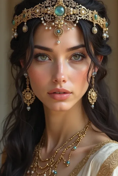 Beautiful ancient Persian queen face with crown and simple and low jewelry