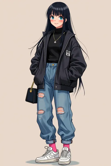 Anime girl with black long hair with bangs and blue eyes. Dressed in black YSL turtleneck sweater with black Gucci jacket. baggy ripped H&M jeans are next with white Nike Air Force 1 high tops, tucked neatly into these cute pink Nike Dri-FIT socks that pee...