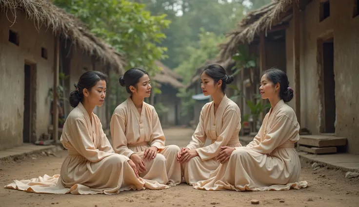 A GRUO OF THAI WOMENS SITTING IN POOR VILLAGE WEARING TRADIDATION NUDE DRESS
