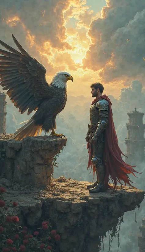 A mighty eagle and a battle-worn knight stand face to face atop a crumbling platform suspended in the sky, locked in an unspoken moment of understanding. The eagle, its wings slightly spread, has piercing golden eyes that gleam with ancient wisdom, its fea...